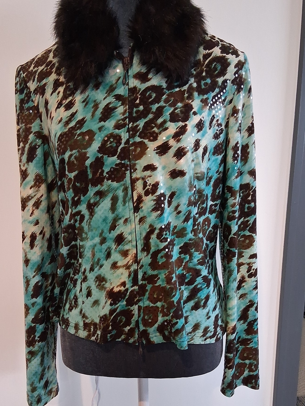 Joseph Ribkoff Teal and Dark Brown Animal Print Jacket with Faux Fur Collar